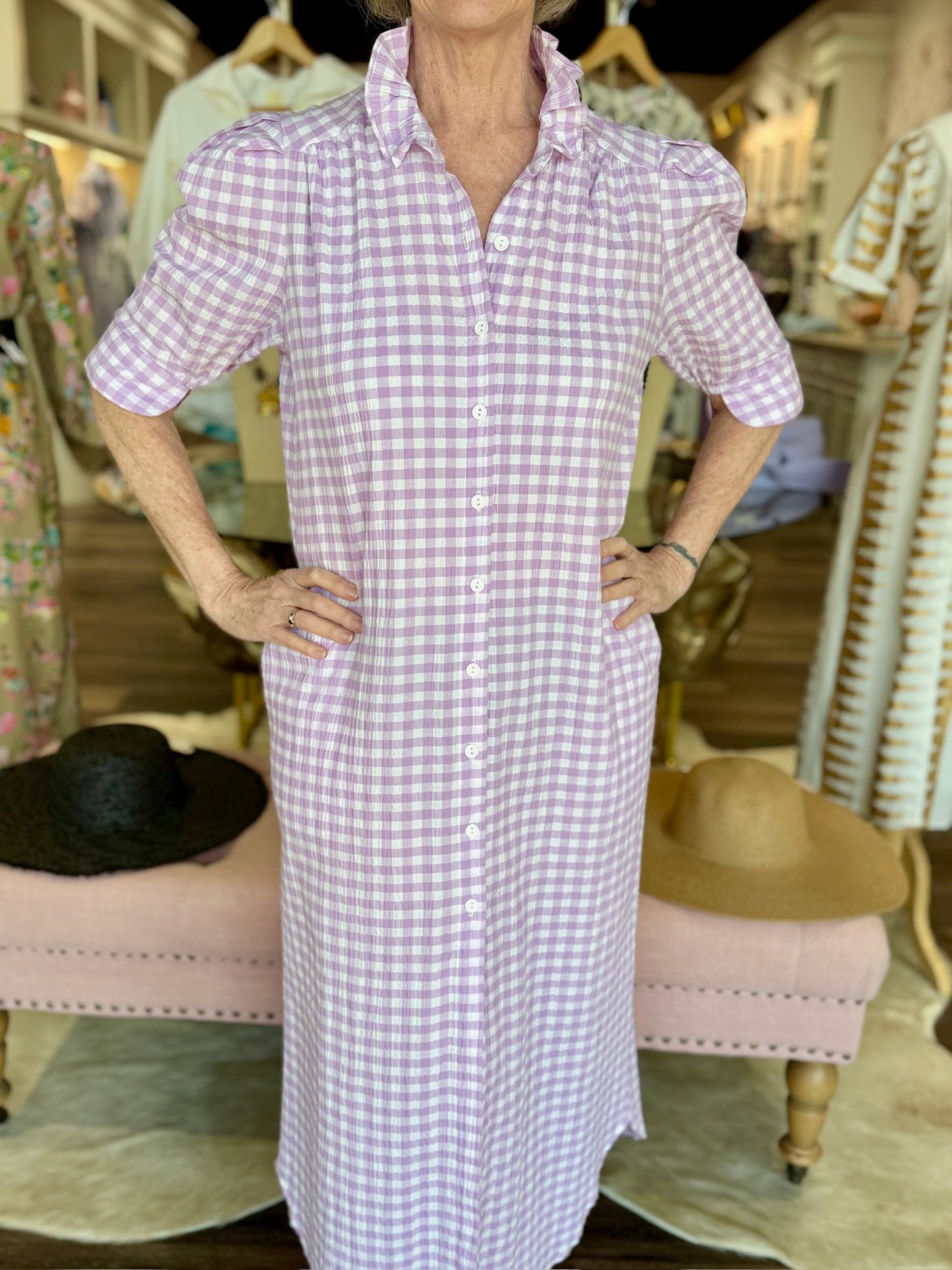 Nina Violetta Seer Gingham Midi Shirt Dress