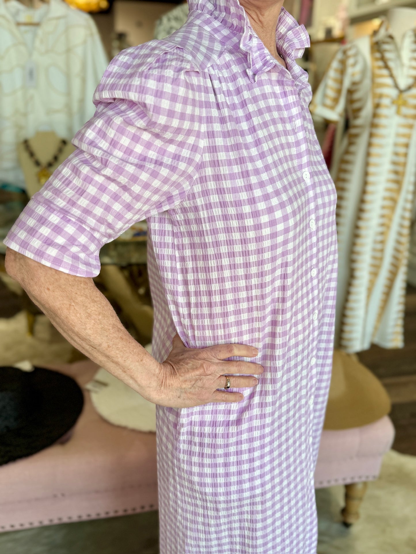 Nina Violetta Seer Gingham Midi Shirt Dress