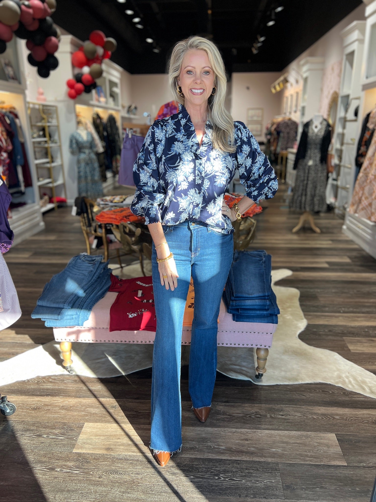 Ruffle Neck Navy Floral Blouse