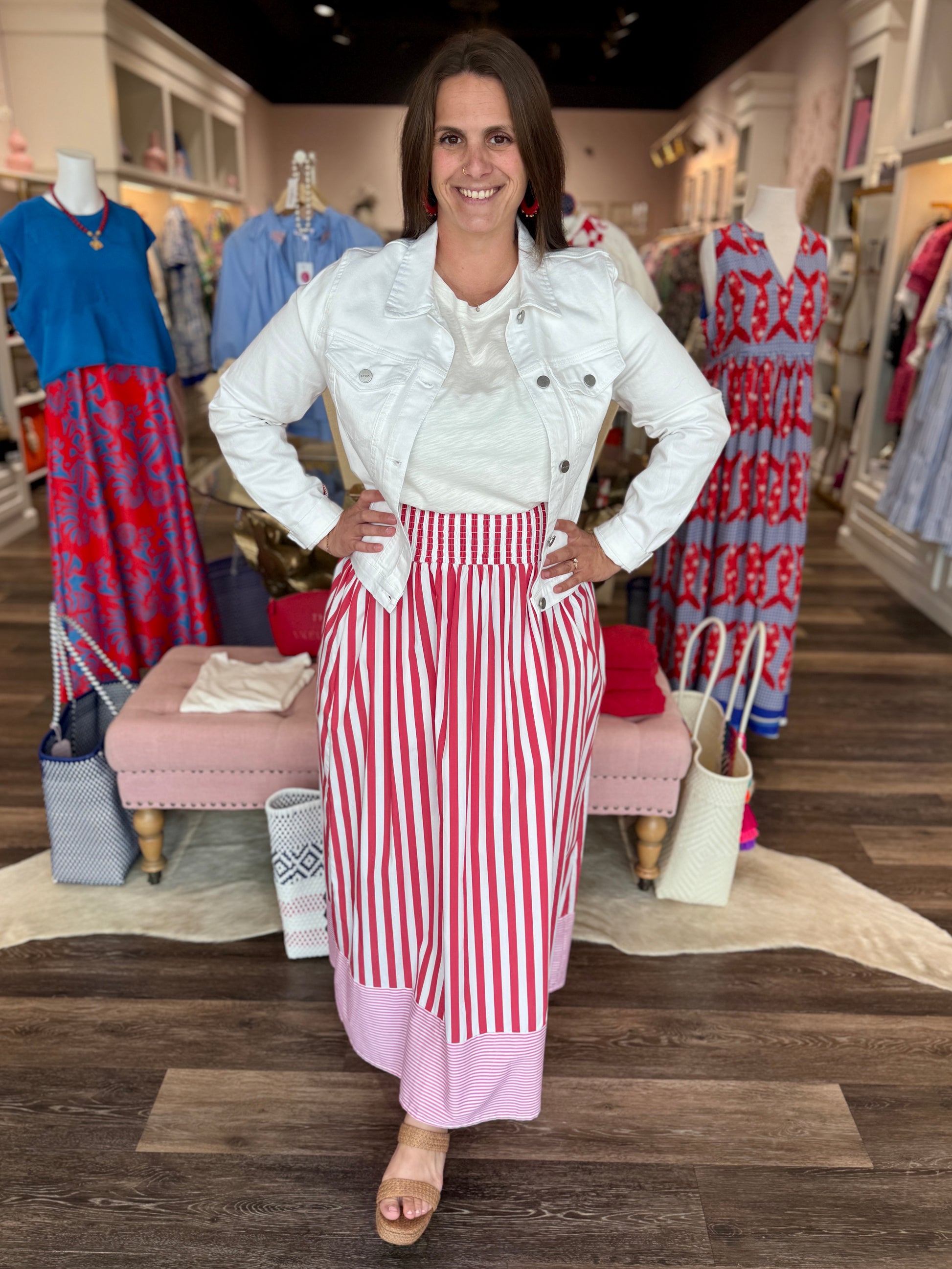 Caryn Lawn Sutton Stripe Skirt Red, bold red and white vertical stripes, smocked waist, maxi length, front view on model.