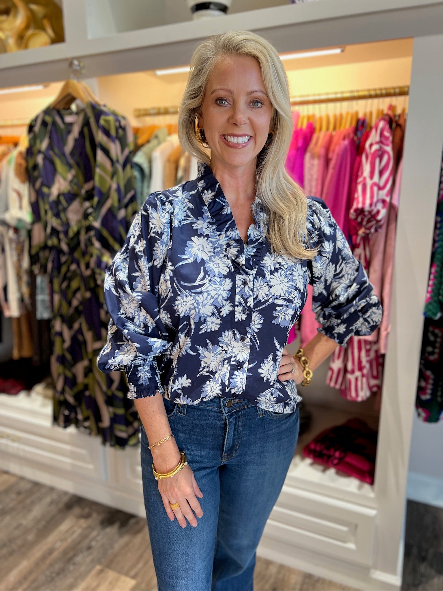 Ruffle Neck Navy Floral Blouse