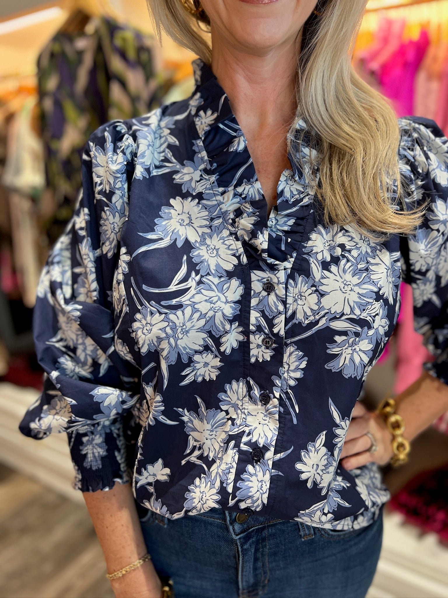 Ruffle Neck Navy Floral Blouse