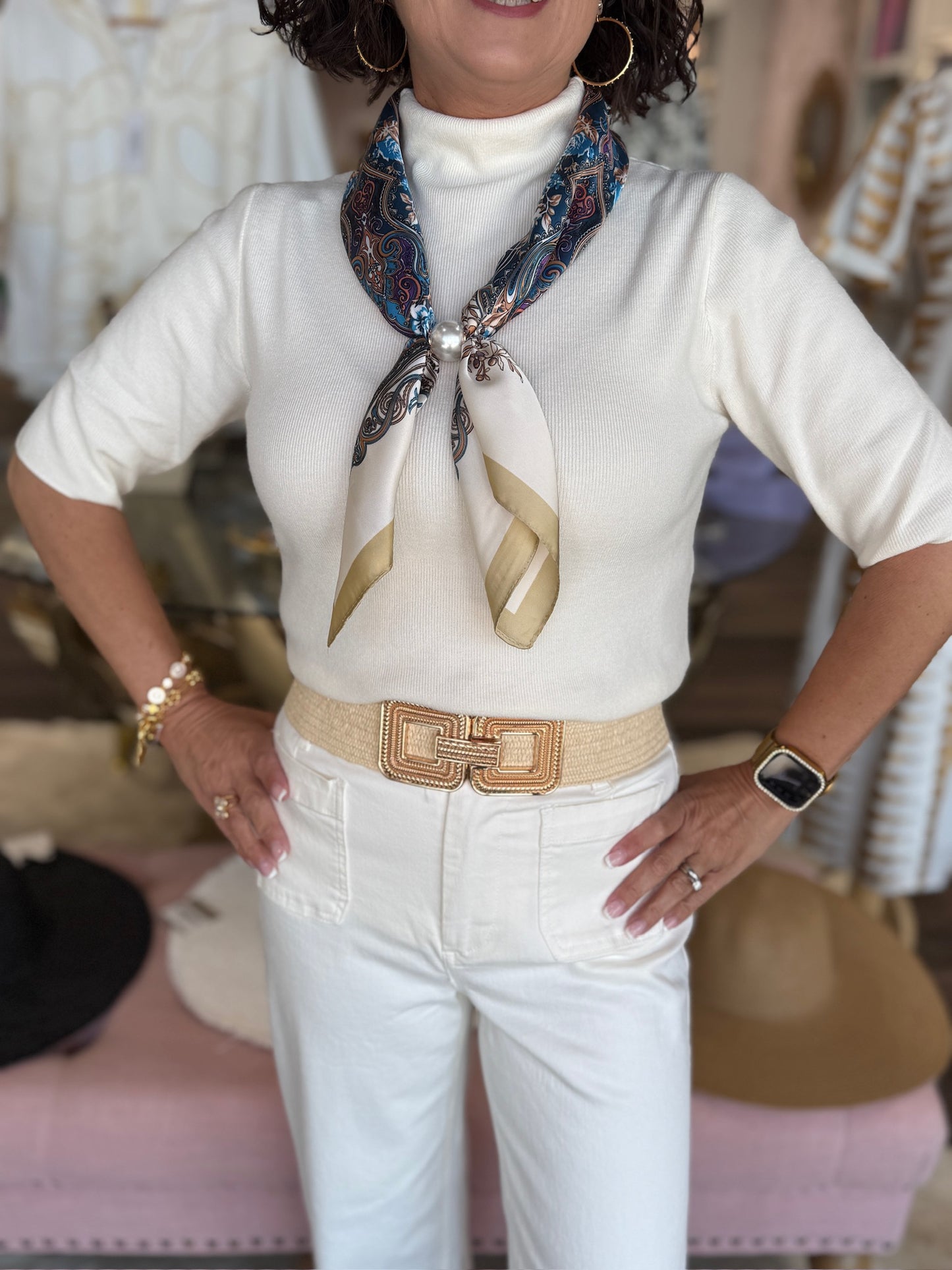 Mock Neck Half Sleeve Basic Sweater Top Cream