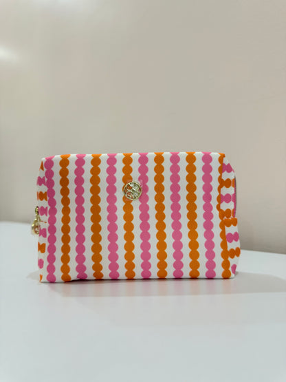 Mary Square Let's Face It Mini cosmetic pouch with pink and orange wavy stripe pattern and gold logo hardware.