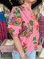 Maude Vivante Raya Top in pink with vibrant embroidered botanical garden print and puffed short sleeves.