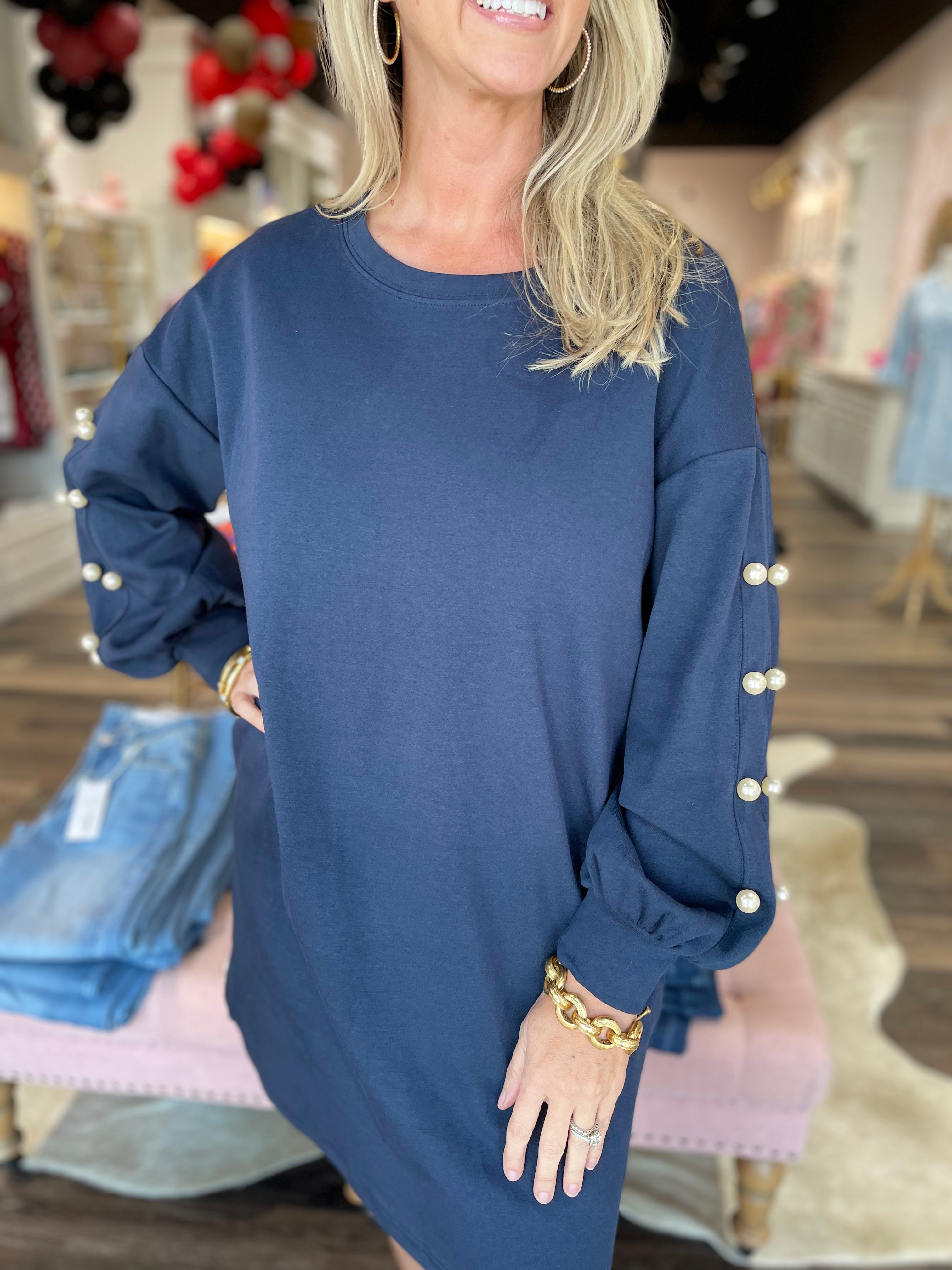 Navy Pearl Sweatshirt Dress