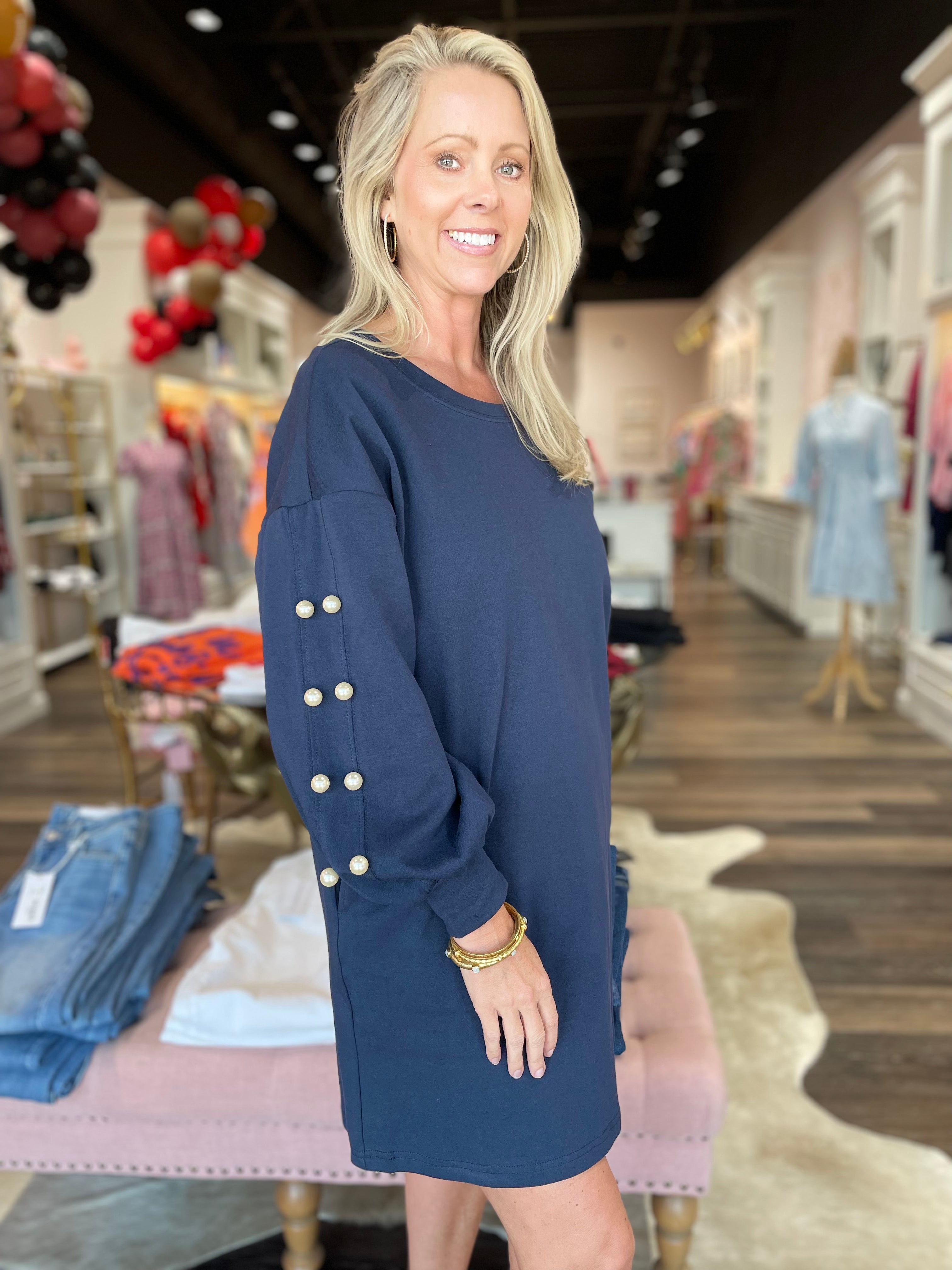 Navy Pearl Sweatshirt Dress