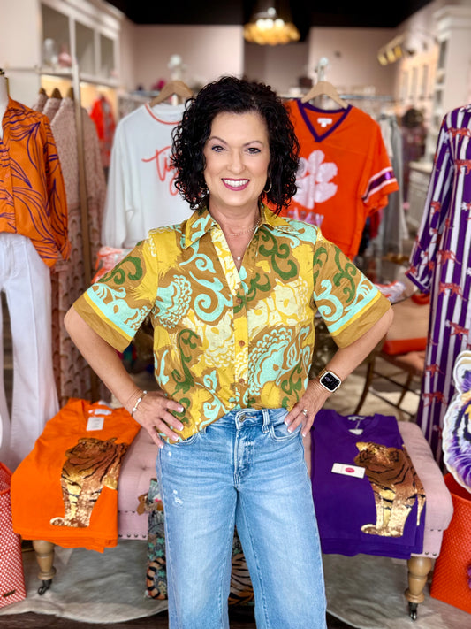 Joy Joy Back Smock Blouse Saffron Scroll