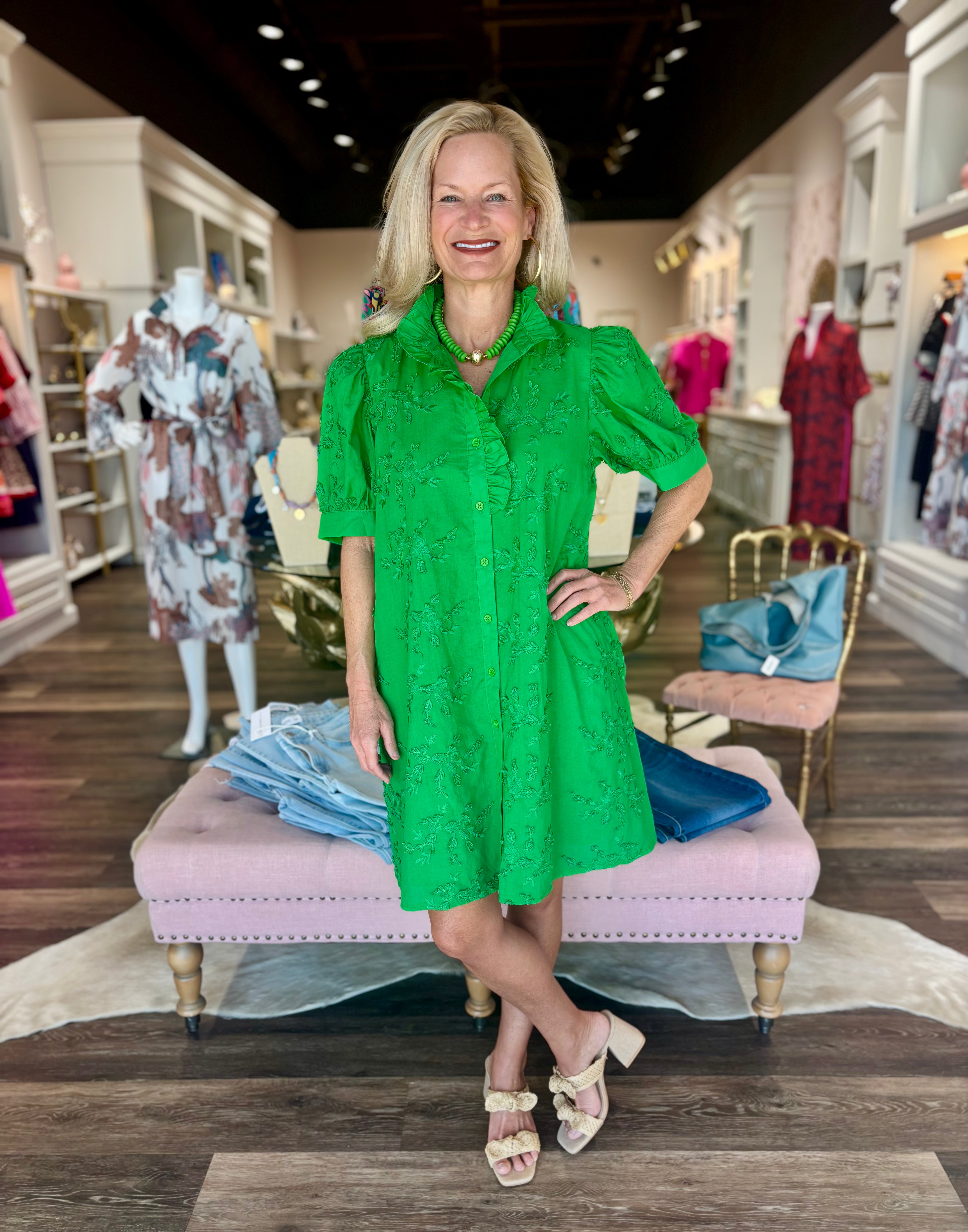 Textured Floral Dress Green