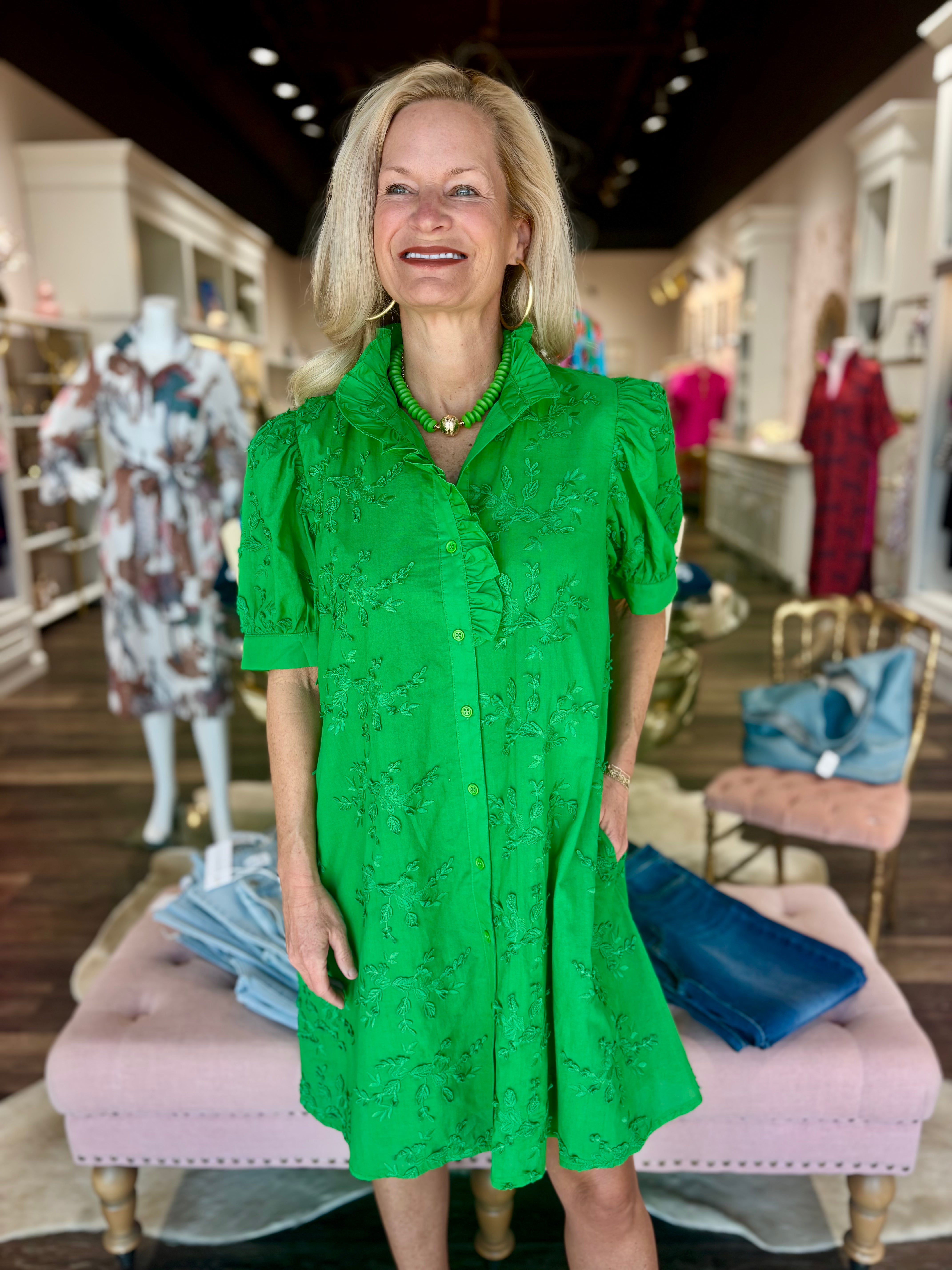 Textured Floral Dress Green