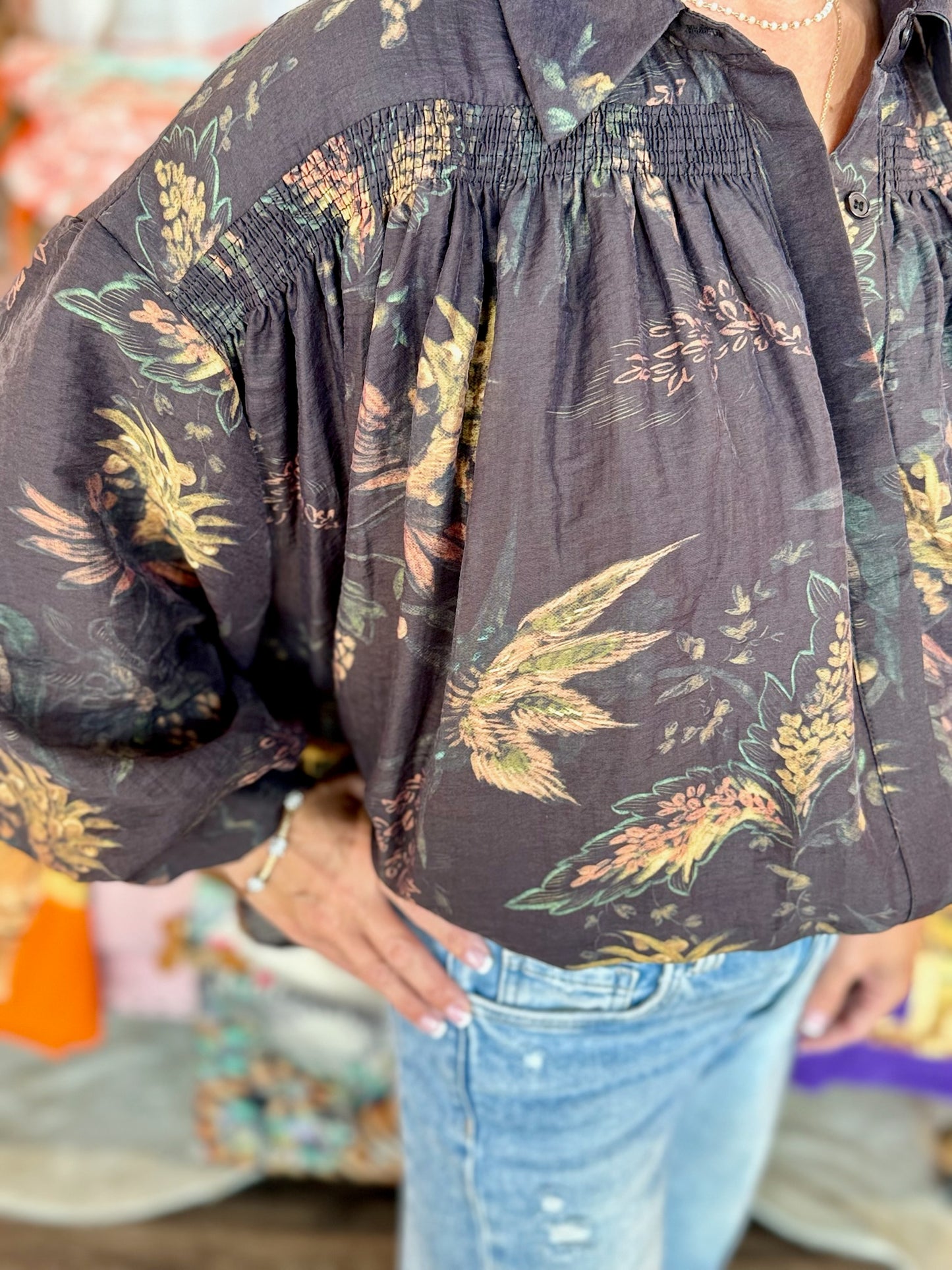 Entro Midnight Meadow Button Front Top
