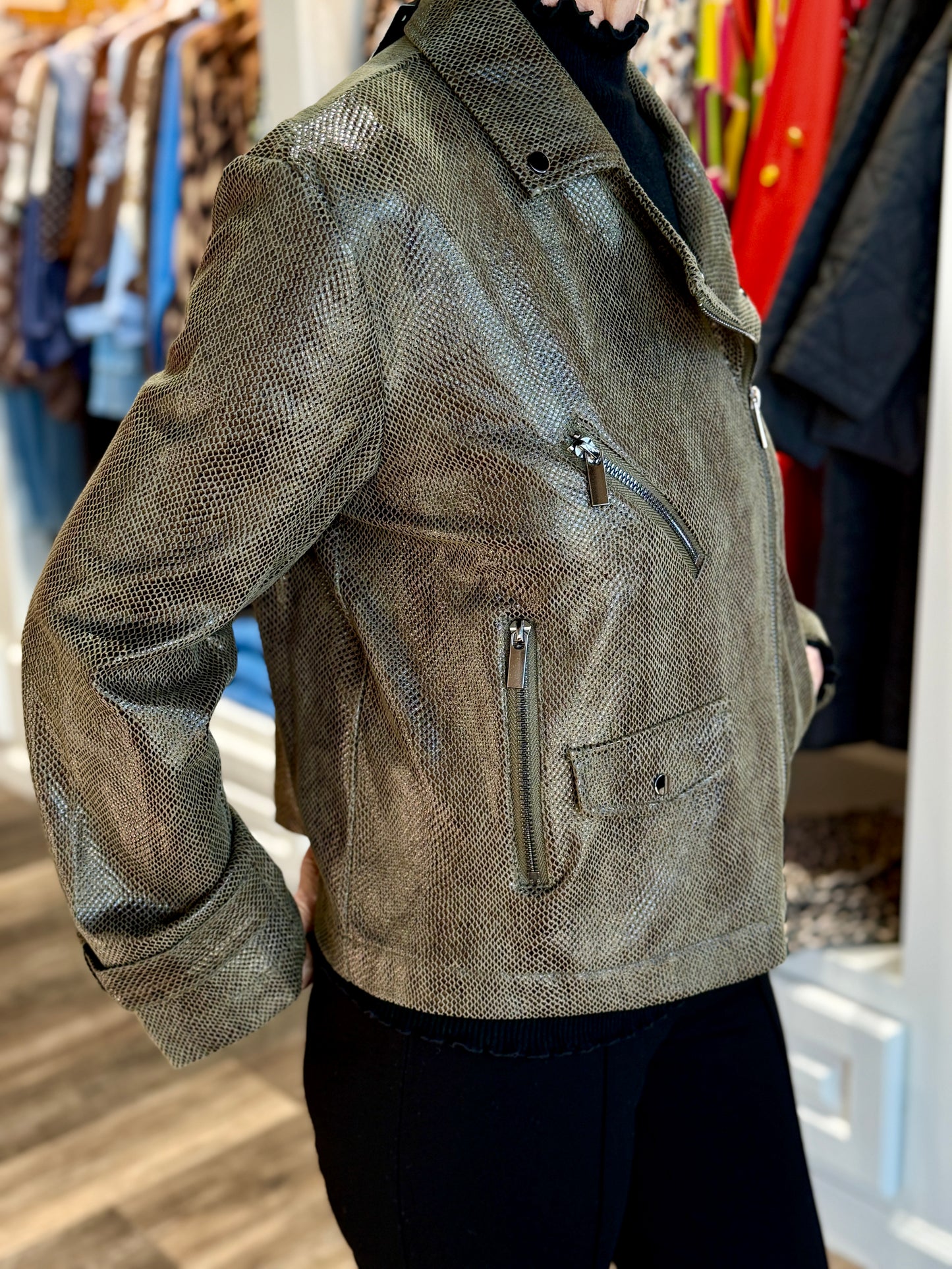 Lysse Emory Vegan Suede Moto Jacket Woodland Snake