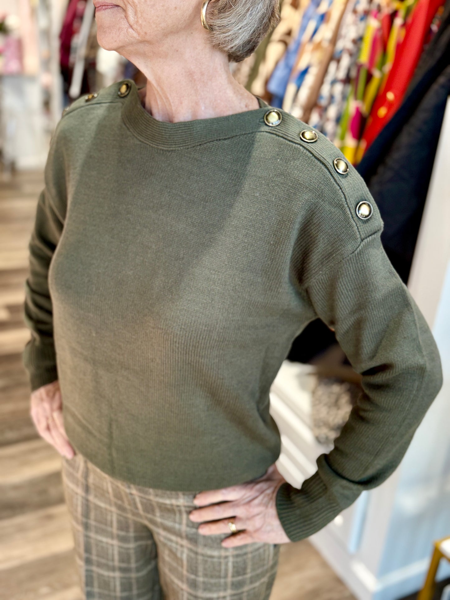Lysse Adelaide Button Trim Pullover Sweater Mosswood