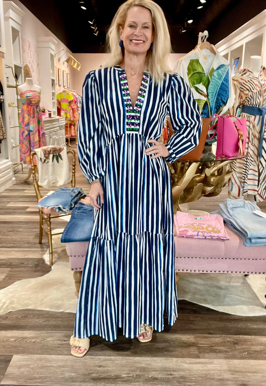Bindu Lucy Dress Blue Stripes