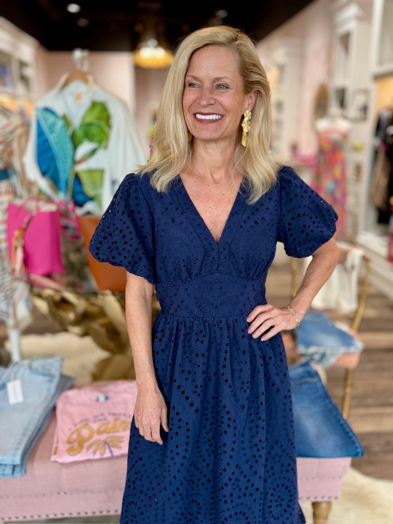 Eyelet Tiered Midi Dress Navy