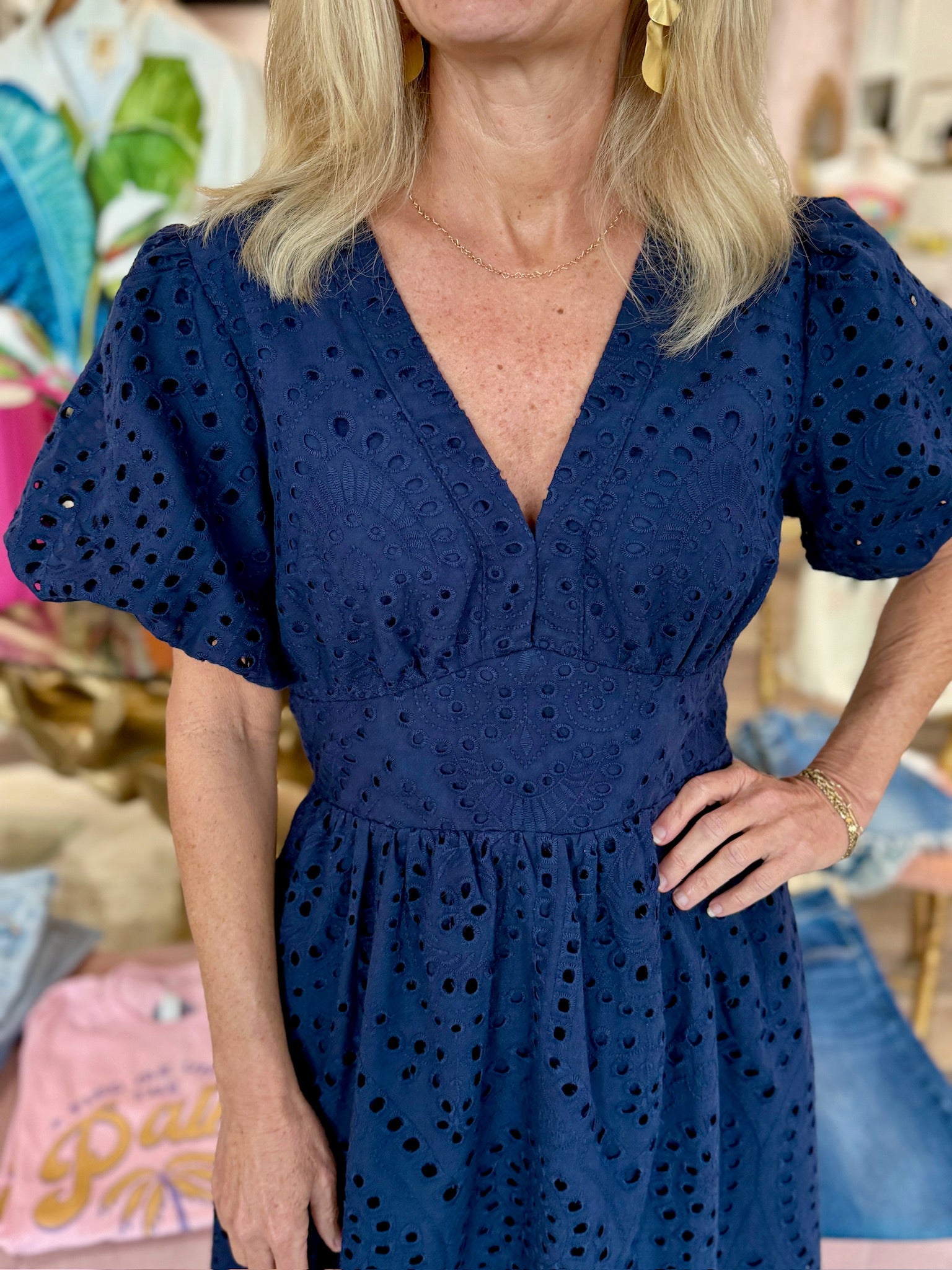 Eyelet Tiered Midi Dress Navy