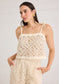 Alivia Kendra Top Seastar Crochet in cream, front view on model, square neckline, tie straps, open crochet pattern.