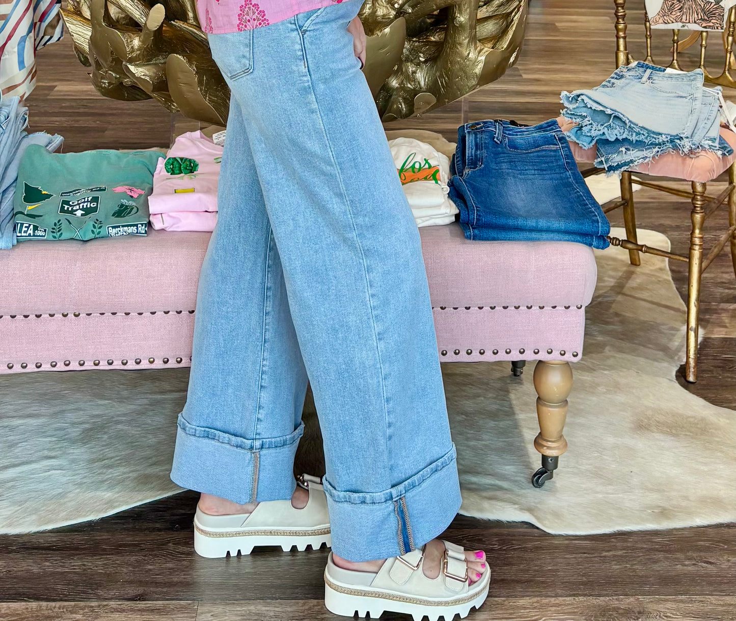 Risen Tummy Control High Rise Ankle Wide Cuffed Jean