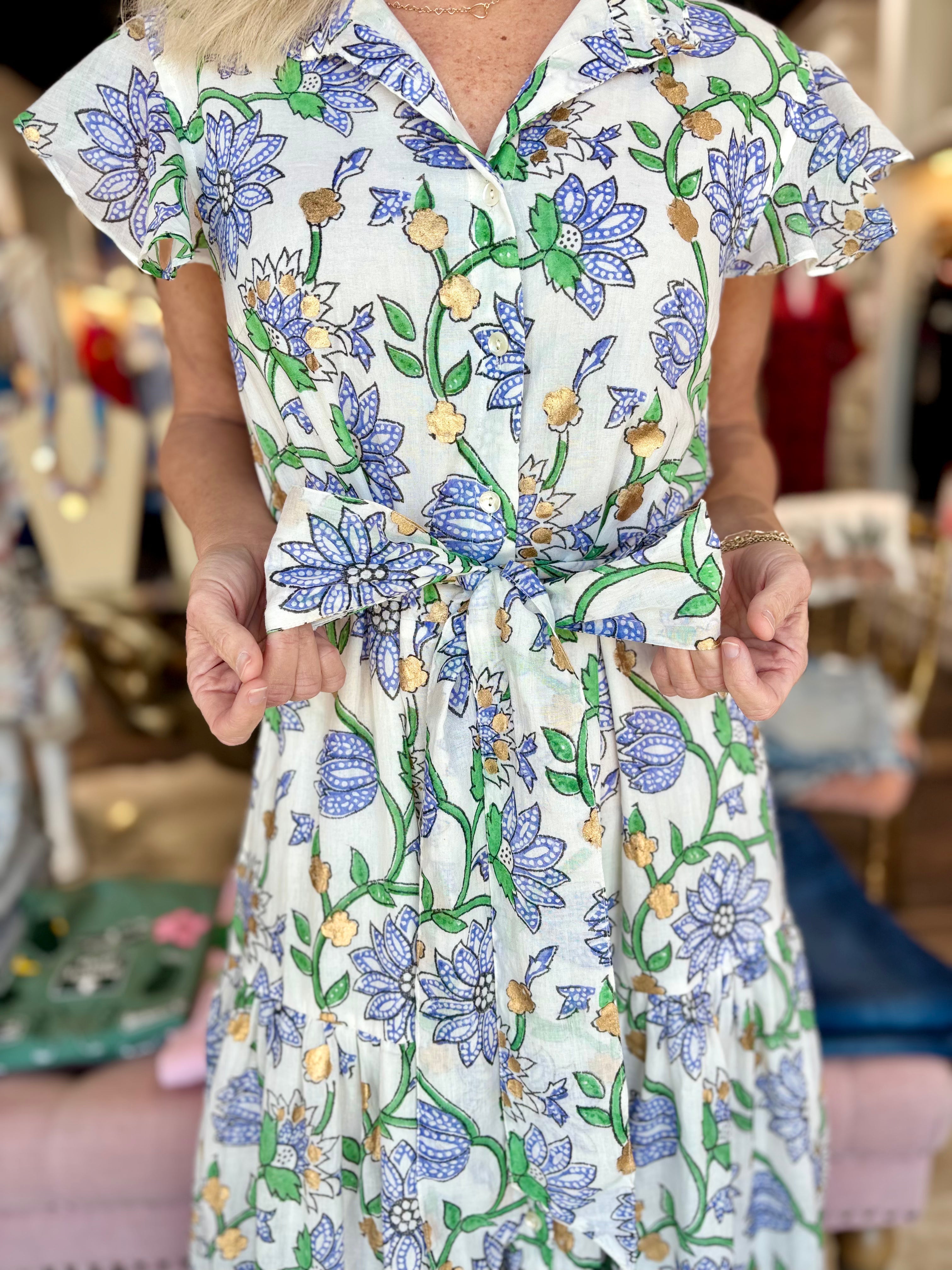 Oliphant Ruffle Collar Button Maxi Presidio Blue