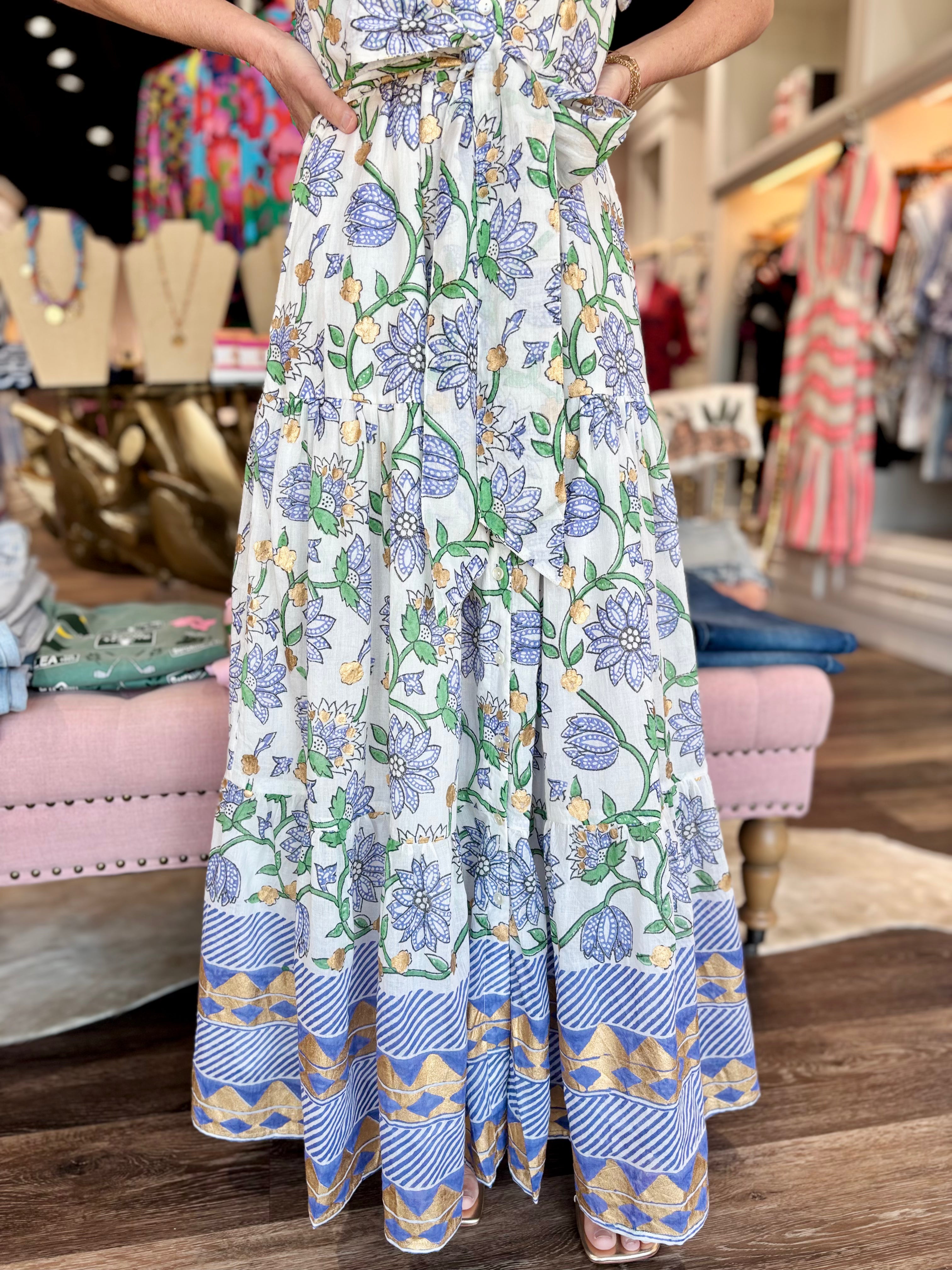 Oliphant Ruffle Collar Button Maxi Presidio Blue