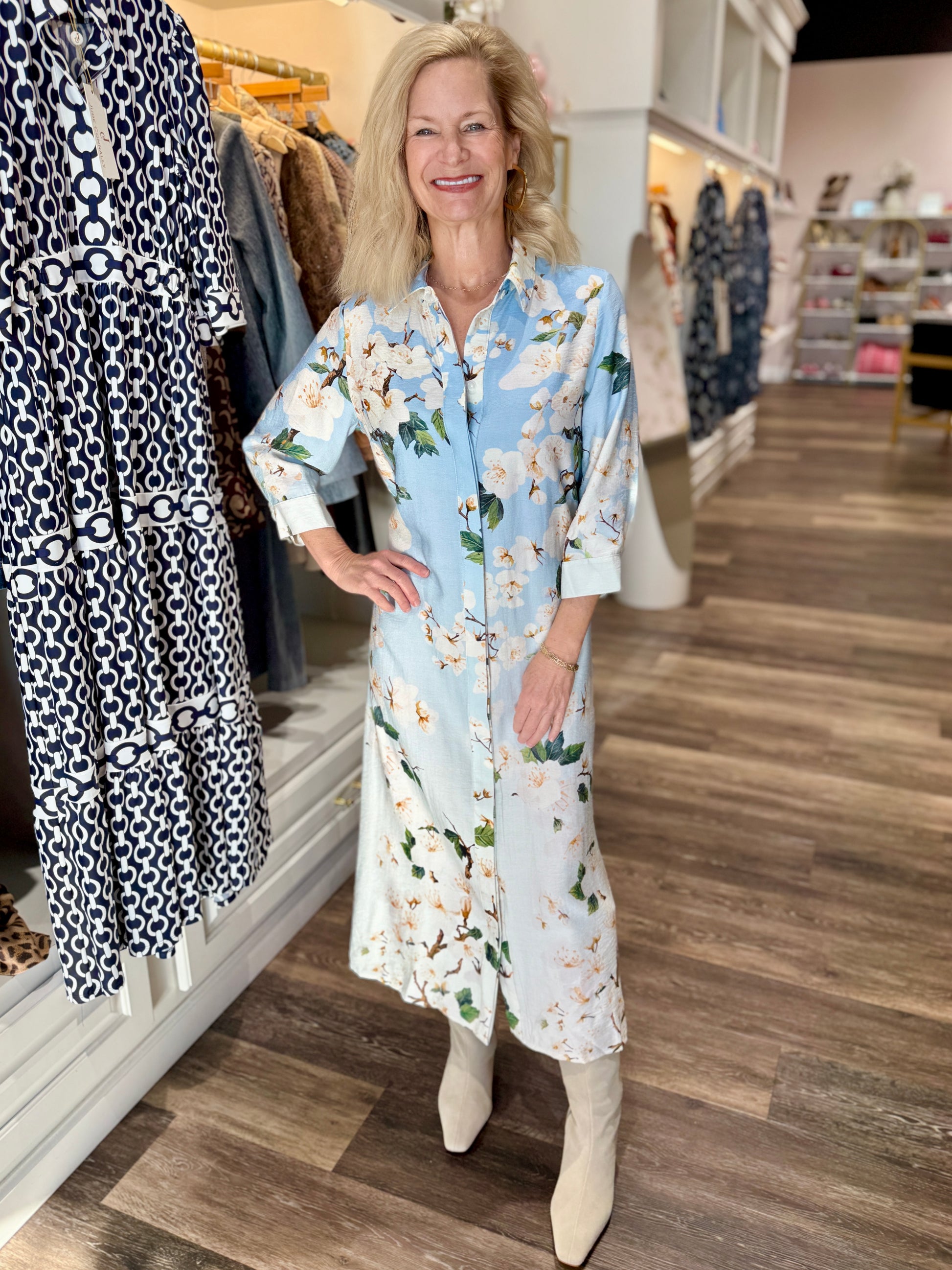 Boho Chic Floral Midi Dress Blue for Women Small