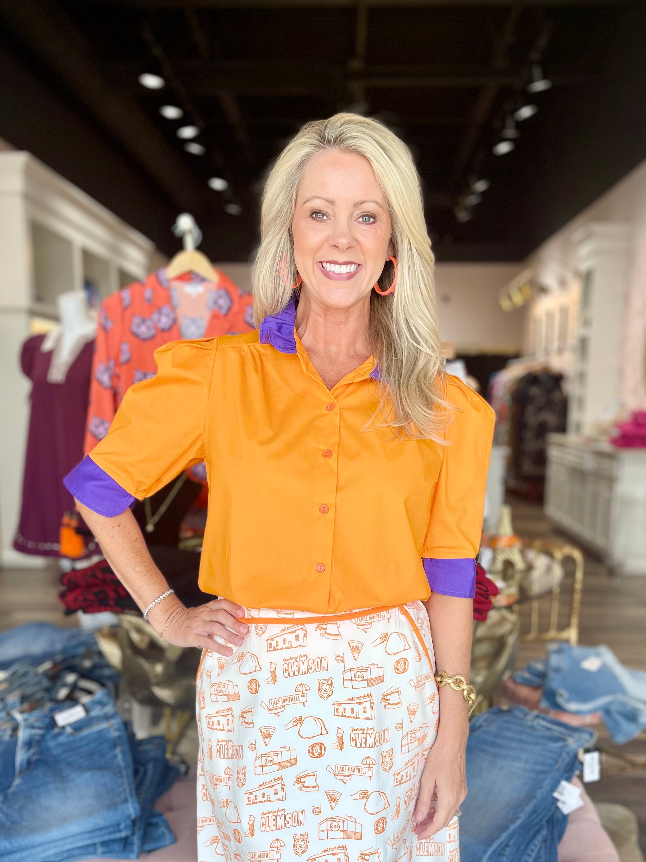 Orange and Purple Ruffle Collar Top