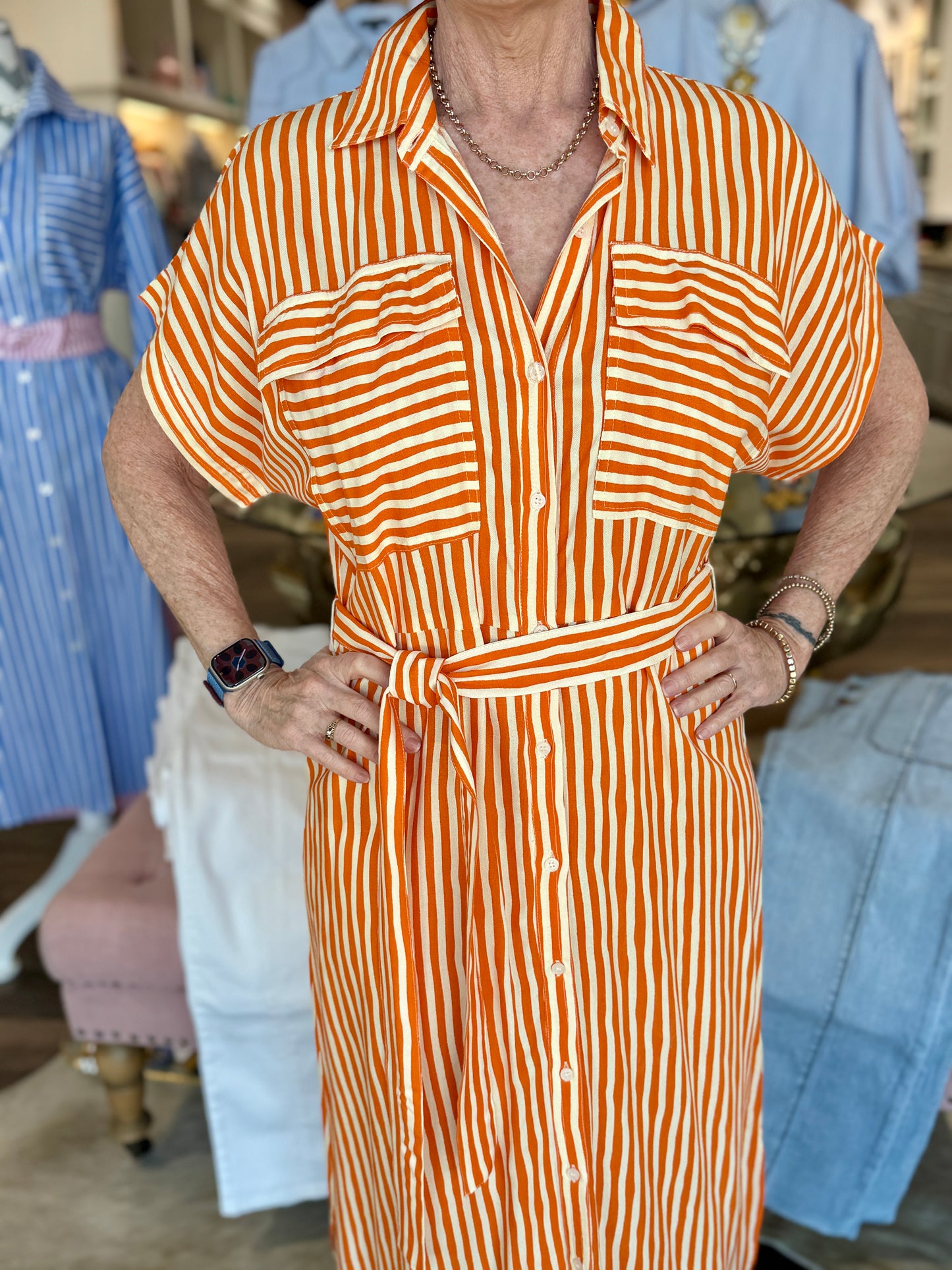 Orange Stripe Shirt Dress