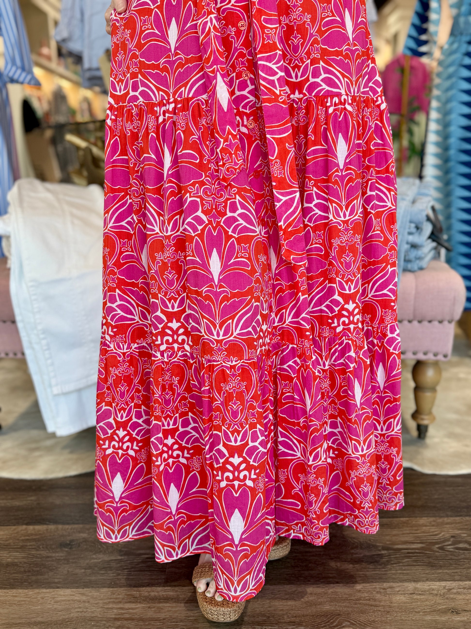 jude connally maxi dress Jude Connally Bernadette Umbrella Stripe Print High Halter Neck Sleeveless Maxi Dress, Womens, XXL, Umbrella Stripe Pink/Gold