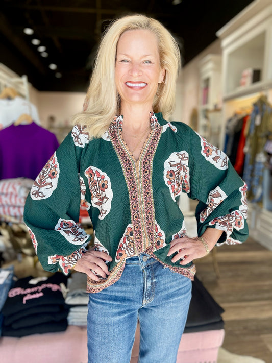 Floral Print Top in Forest Green