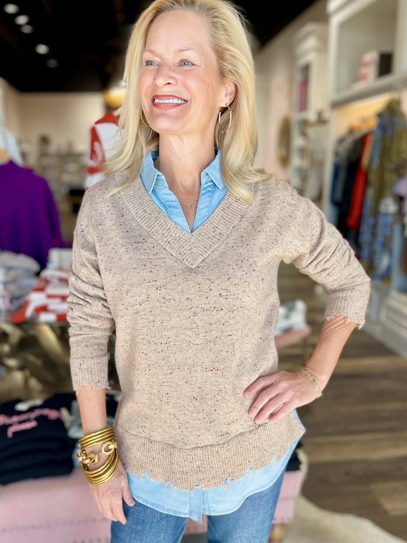 Charlie B V-Neck Fooler Sweater Oat Flecks