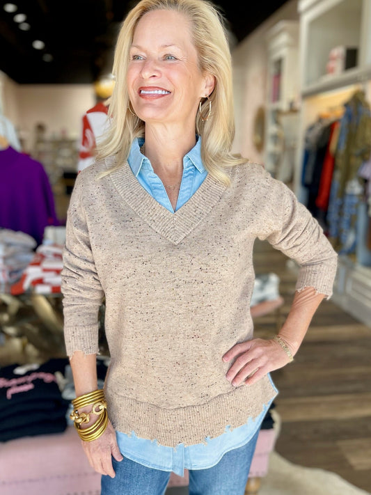 Charlie B V-Neck Fooler Sweater Oat Flecks