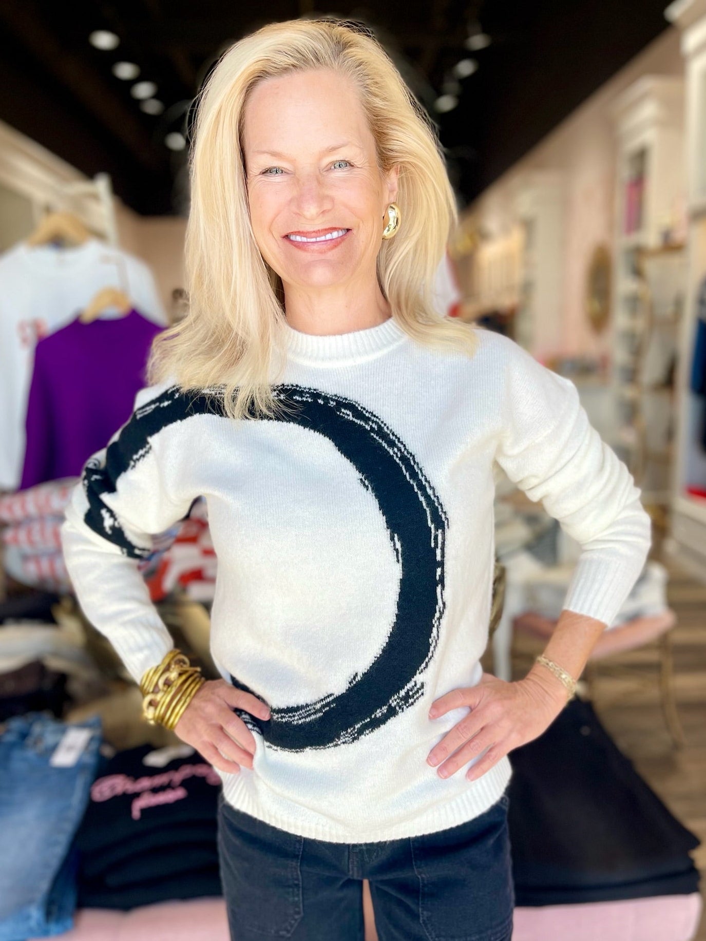 Charlie B Placed Jacquard Crew Neck Sweater - Ecru