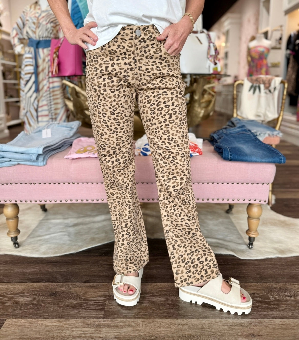 Risen Leopard Mid-rise Ankle Slim Straight Jeans Camel