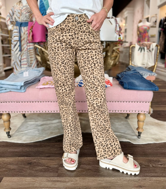 Risen Leopard Mid-rise Ankle Slim Straight Jeans Camel