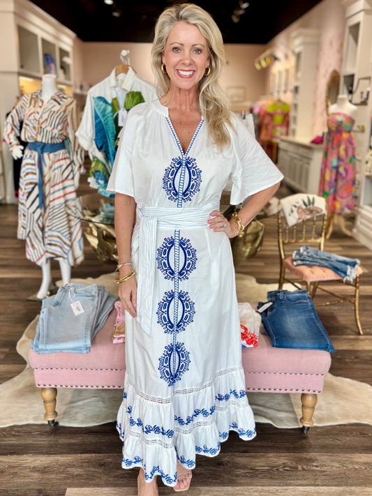 Nibi Mtk Oasis Dress - Blue & White Embroidery