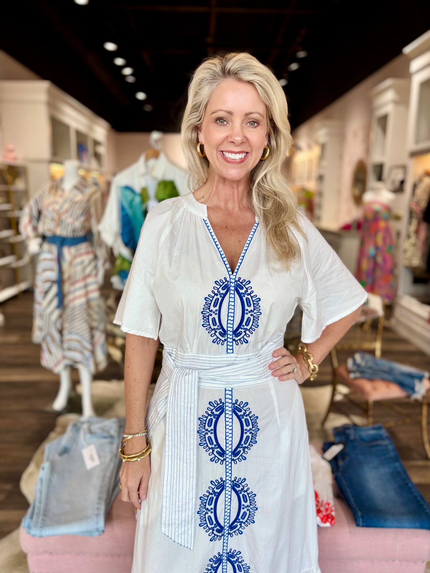 Nibi Mtk Oasis Dress - Blue & White Embroidery