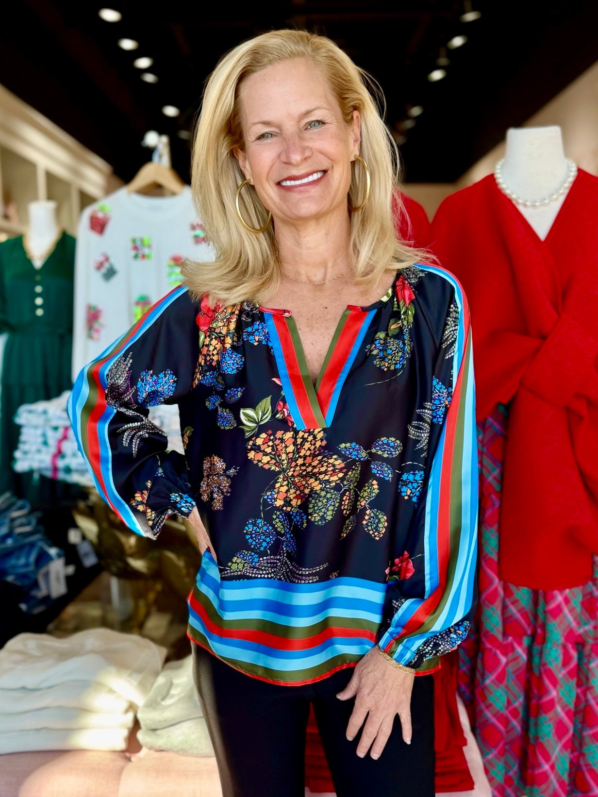 Jade Band Collar Peasant Top Geo Border