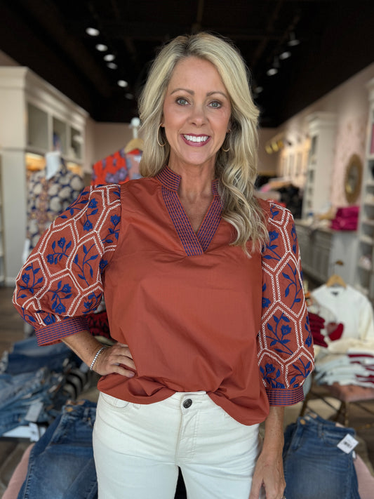 Embroidered 3/4 Sleeve Blouse Rust