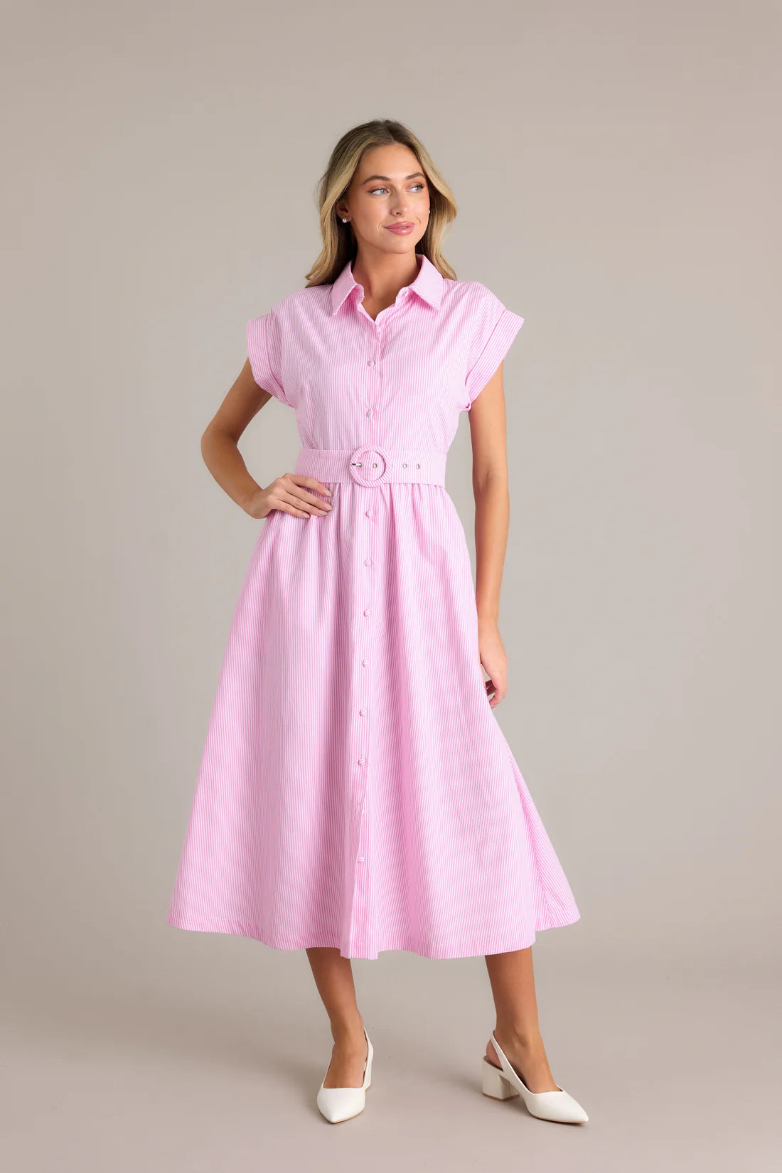 Prosperina Pink Striped Gia Midi Dress