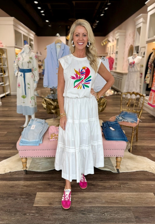 White Tiered Midi Skirt