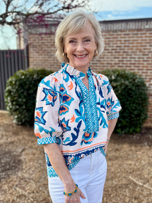 Joy Joy Trimmed Top Aegean Flora