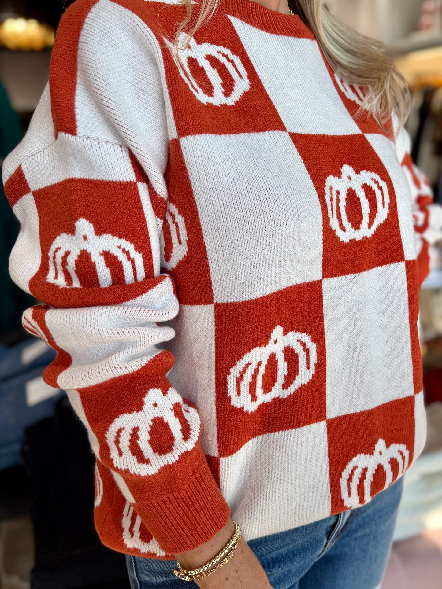 Ribbed Crew Neck Checkerboard Sweater