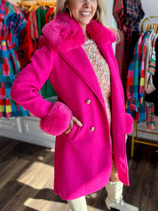 Long Coat with Removable Fur Collar Hot Pink