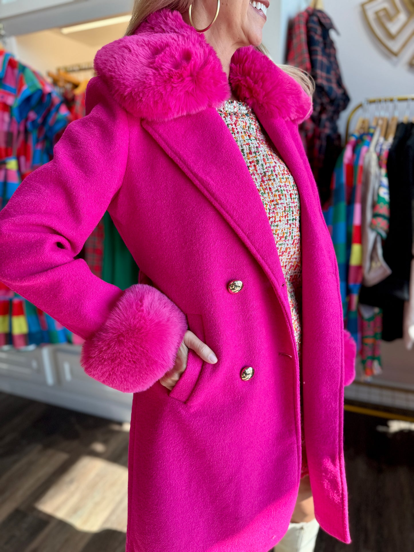 Long Coat with Removable Fur Collar Hot Pink