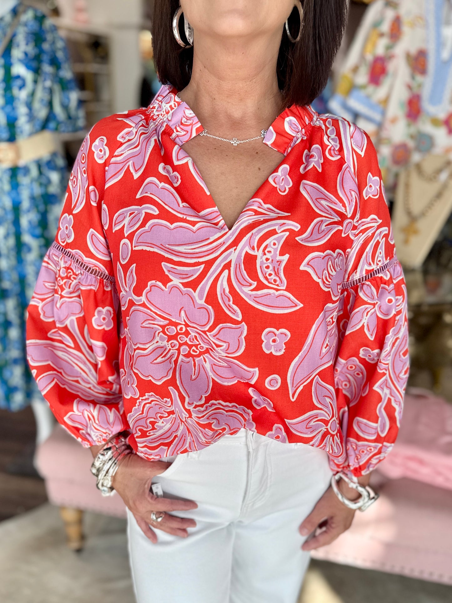 Jade Trimmed Peasant Top Orange Petal