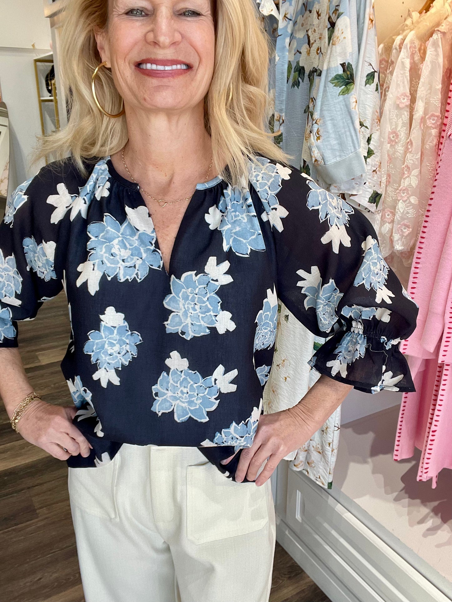 Joy Joy Midnight Floral Peasant Top