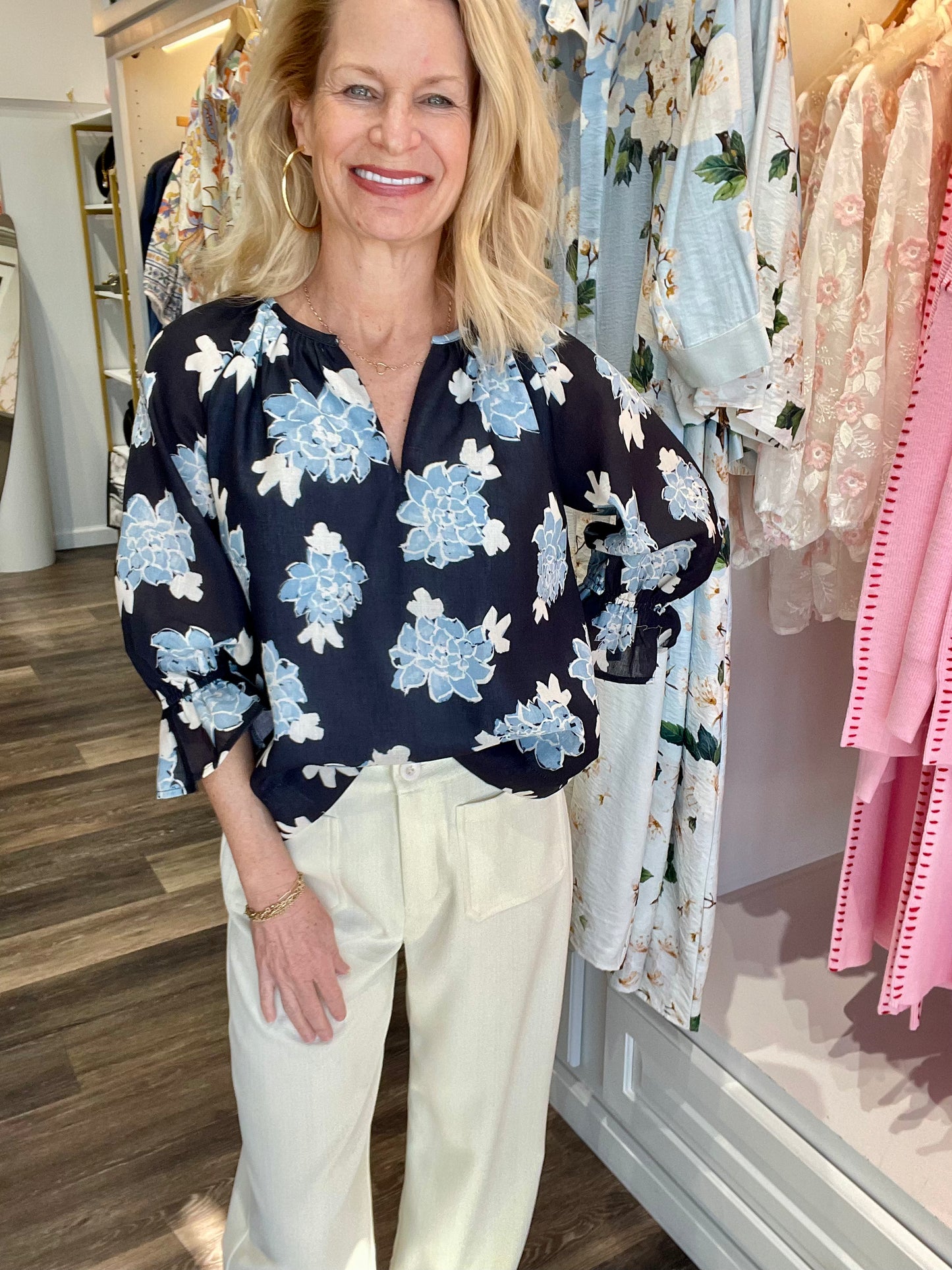 Joy Joy Midnight Floral Peasant Top