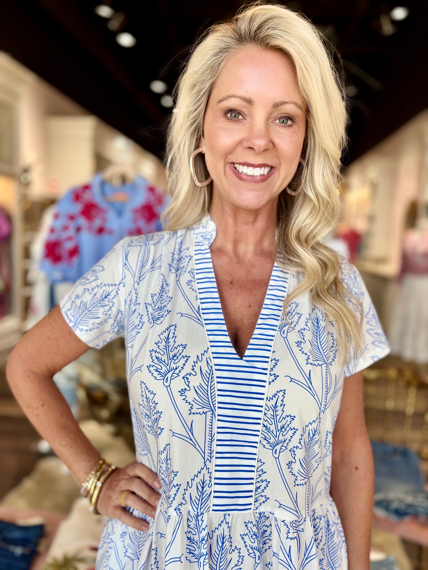 La Plage Alison Short Sleeve Leaves White/Blue
