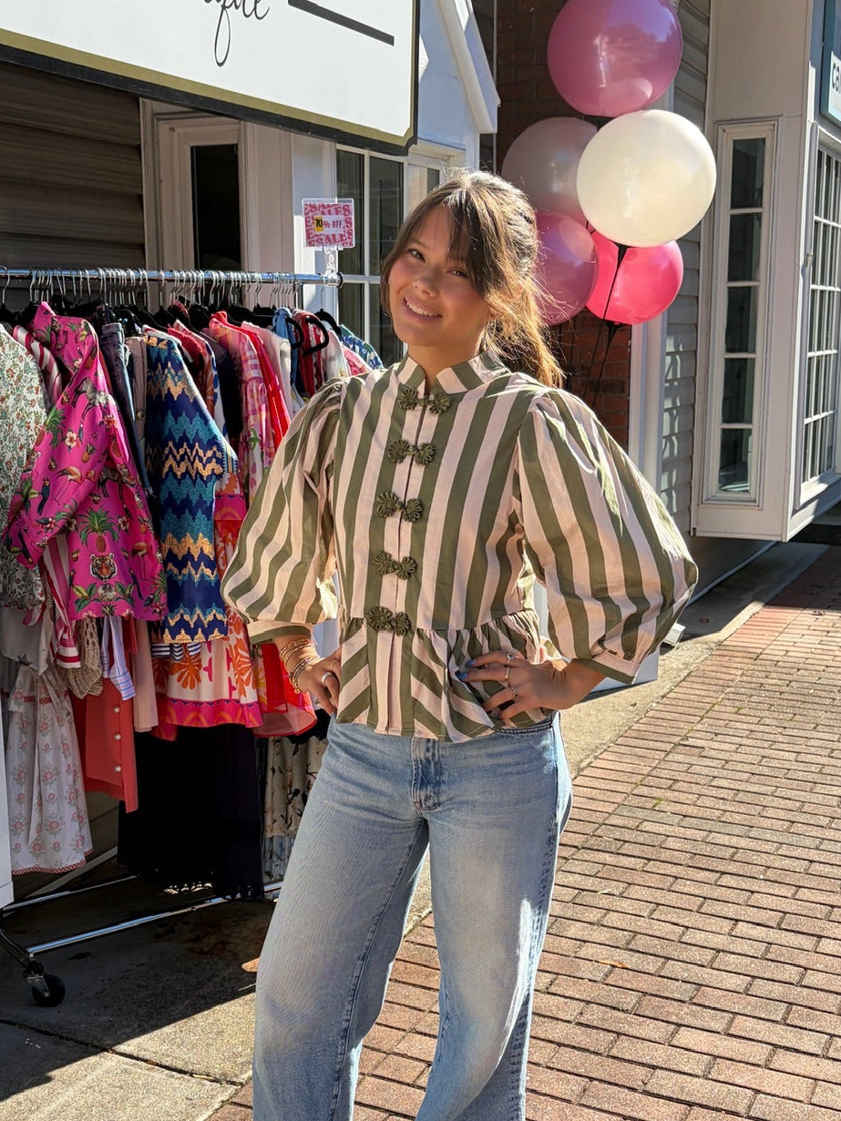 Entro Striped Balloon Sleeve Top Olive