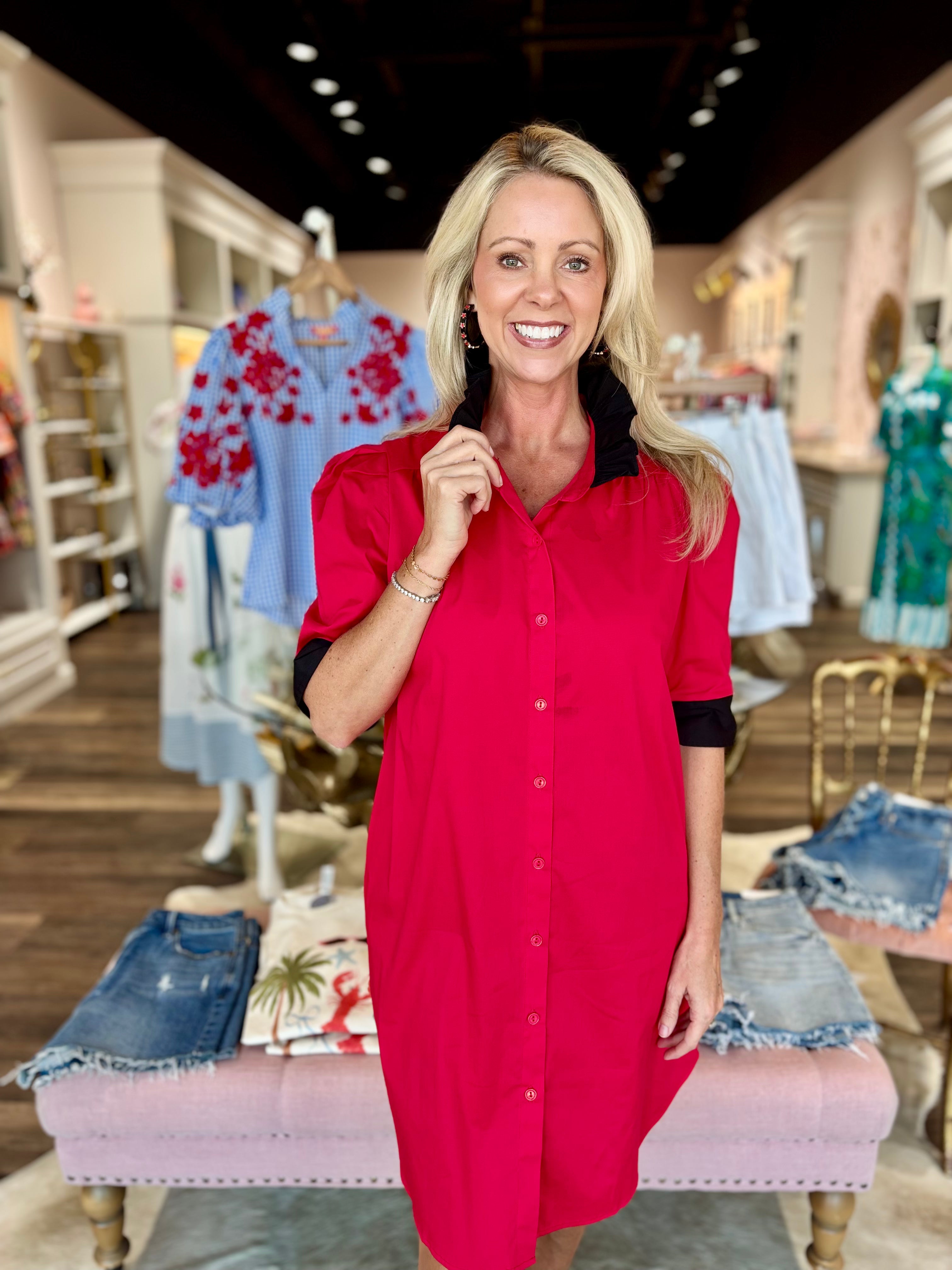 Red and Black Shirt Dress